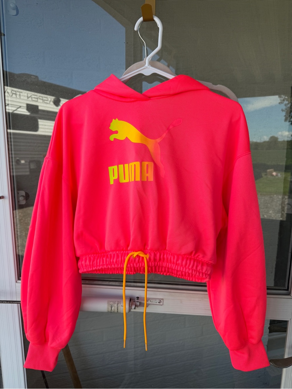 Puma Women's Neon Pink Cropped Hoodie with Yellow Logo